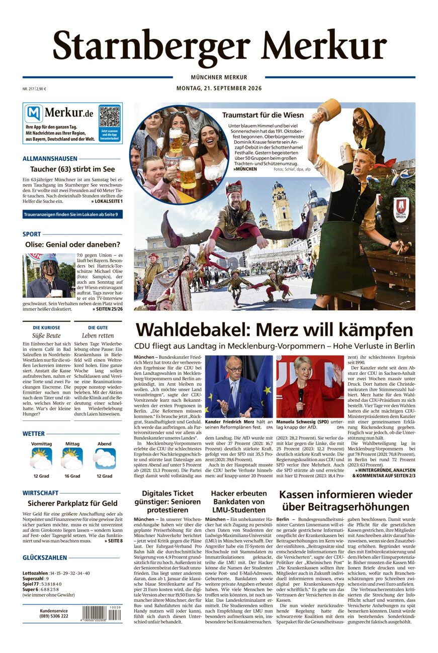Starnberger Merkur vom Montag, 21.09.2026