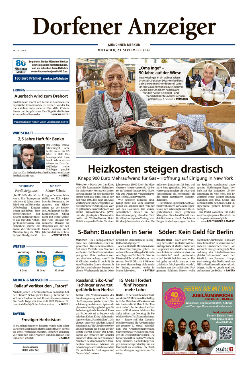 Dorfener Anzeiger vom Mittwoch, 23.09.2026