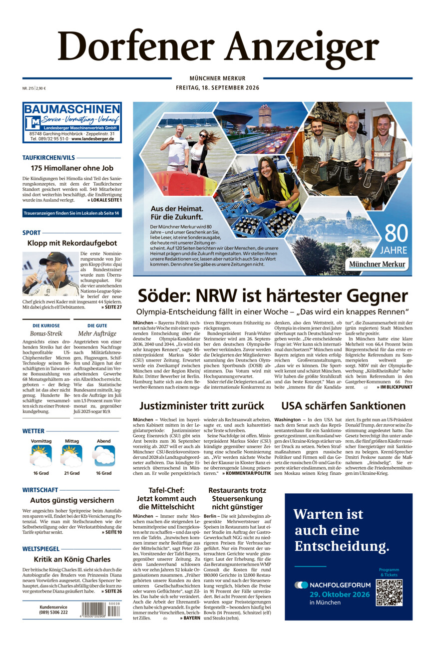 Dorfener Anzeiger vom Freitag, 18.09.2026