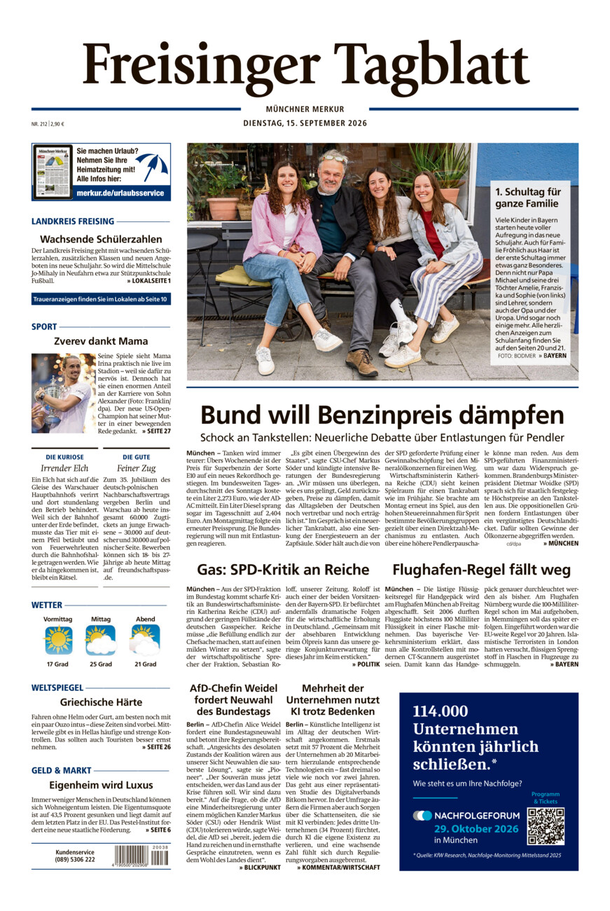 Freisinger Tagblatt vom Dienstag, 15.09.2026