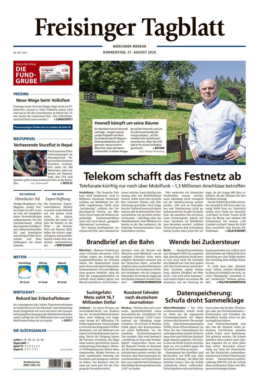 Freisinger Tagblatt vom Donnerstag, 27.08.2026