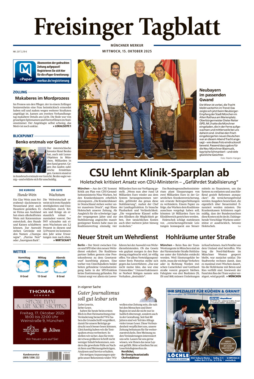 Freisinger Tagblatt vom Mittwoch, 15.10.2025