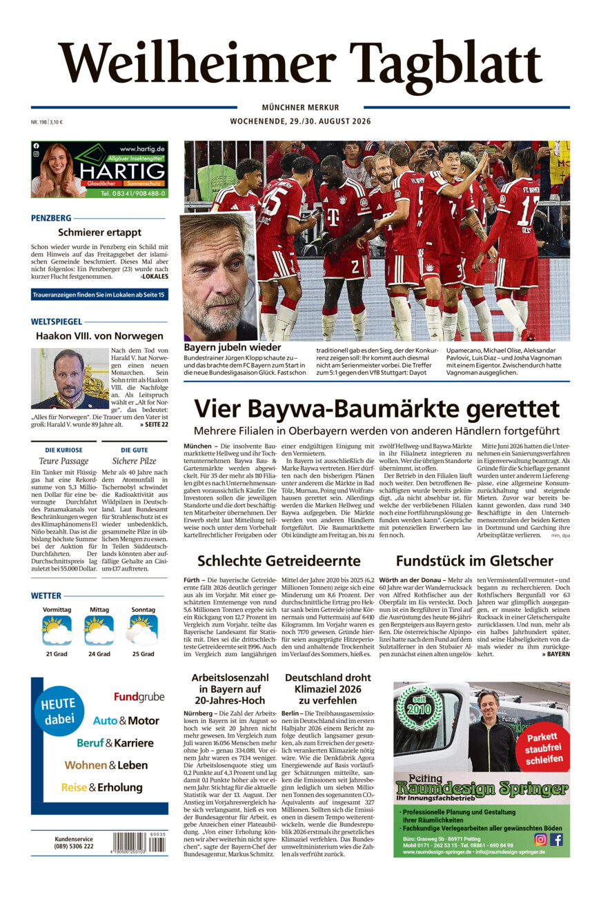 Weilheimer Tagblatt vom Samstag, 29.08.2026