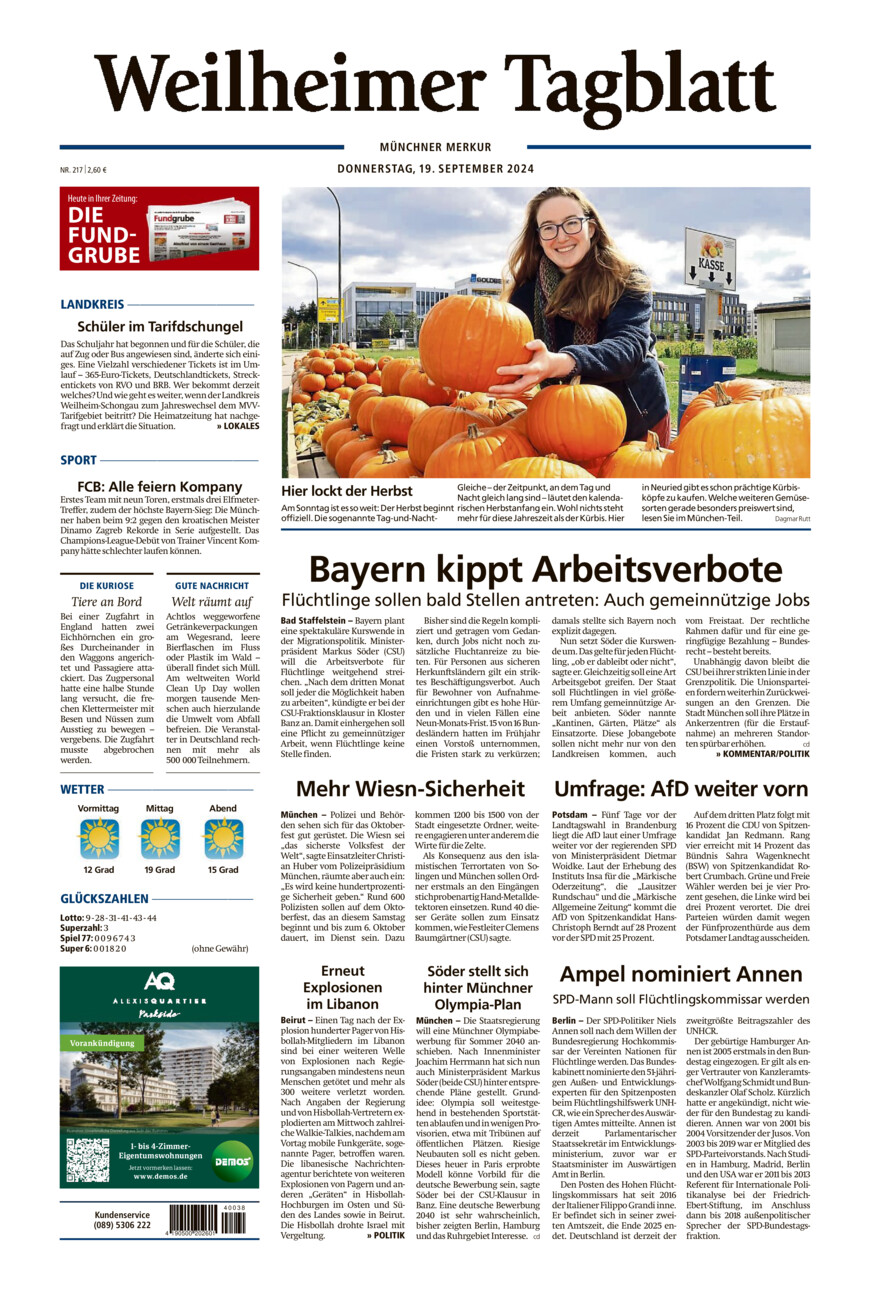 Weilheimer Tagblatt vom Donnerstag, 19.09.2024