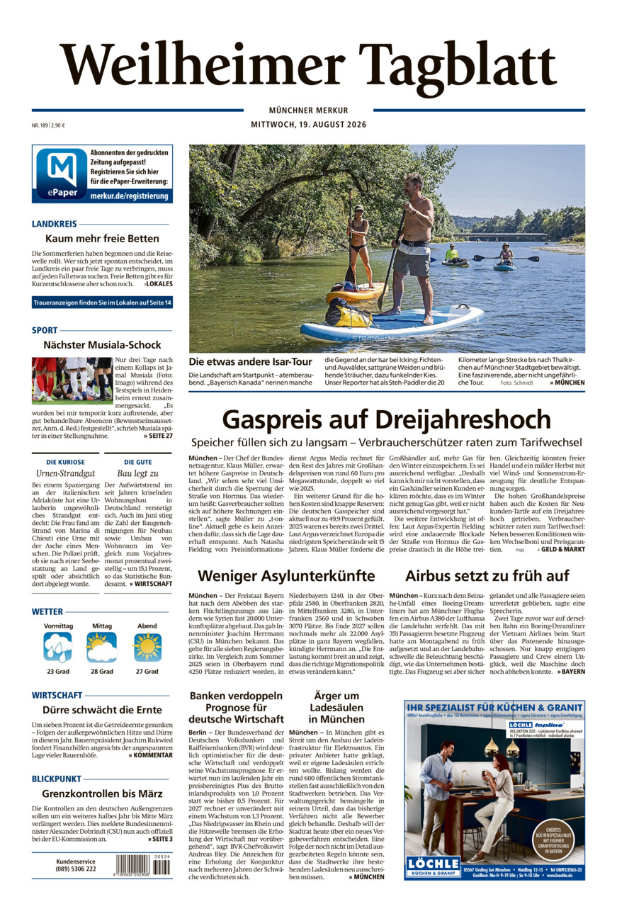 Weilheimer Tagblatt vom Mittwoch, 19.08.2026