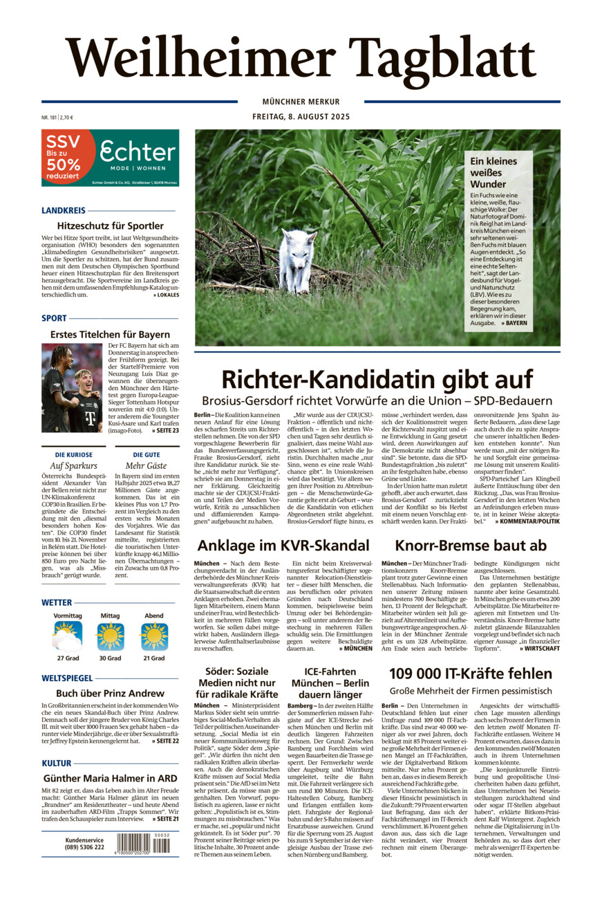 Weilheimer Tagblatt vom Freitag, 08.08.2025