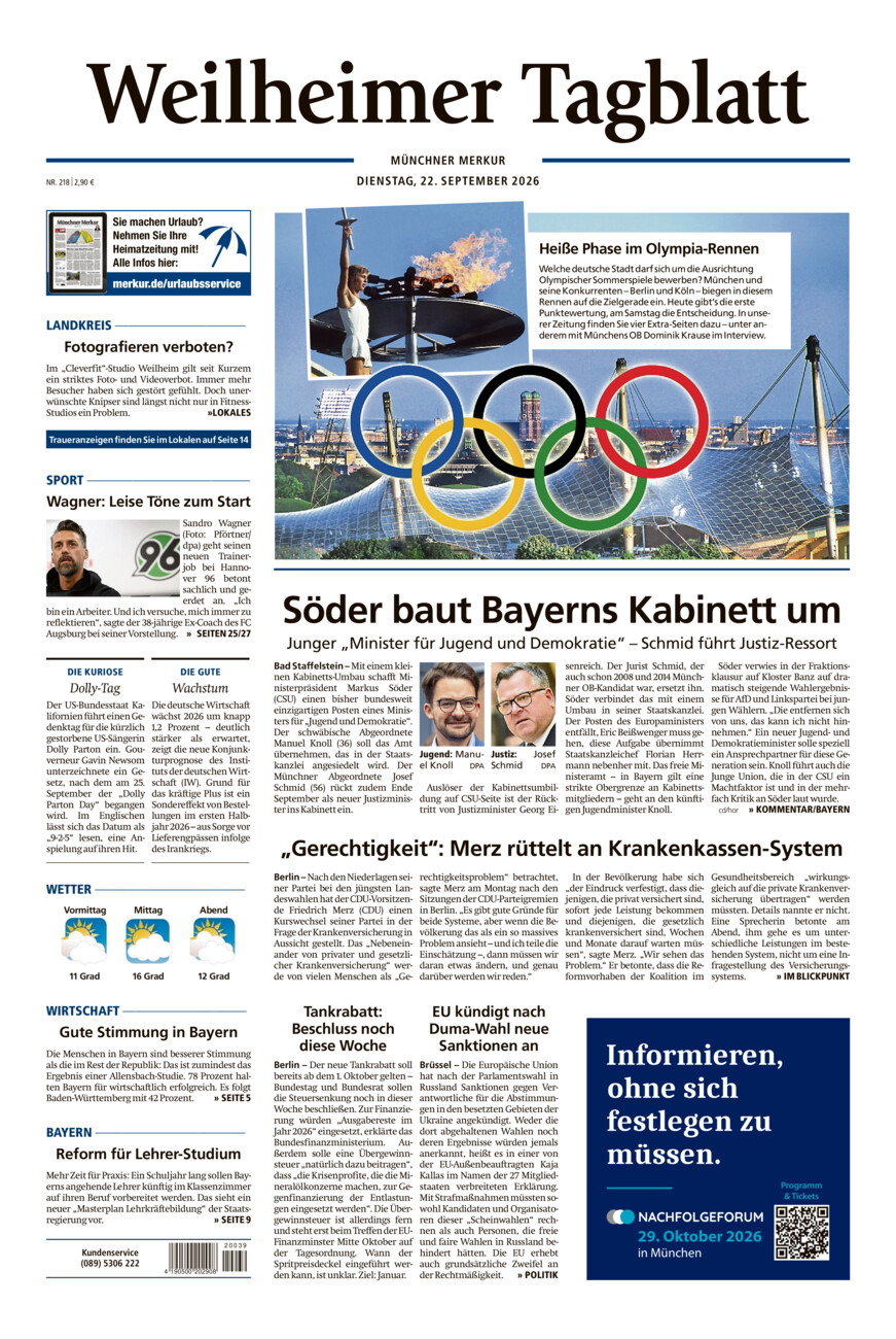Weilheimer Tagblatt vom Dienstag, 22.09.2026