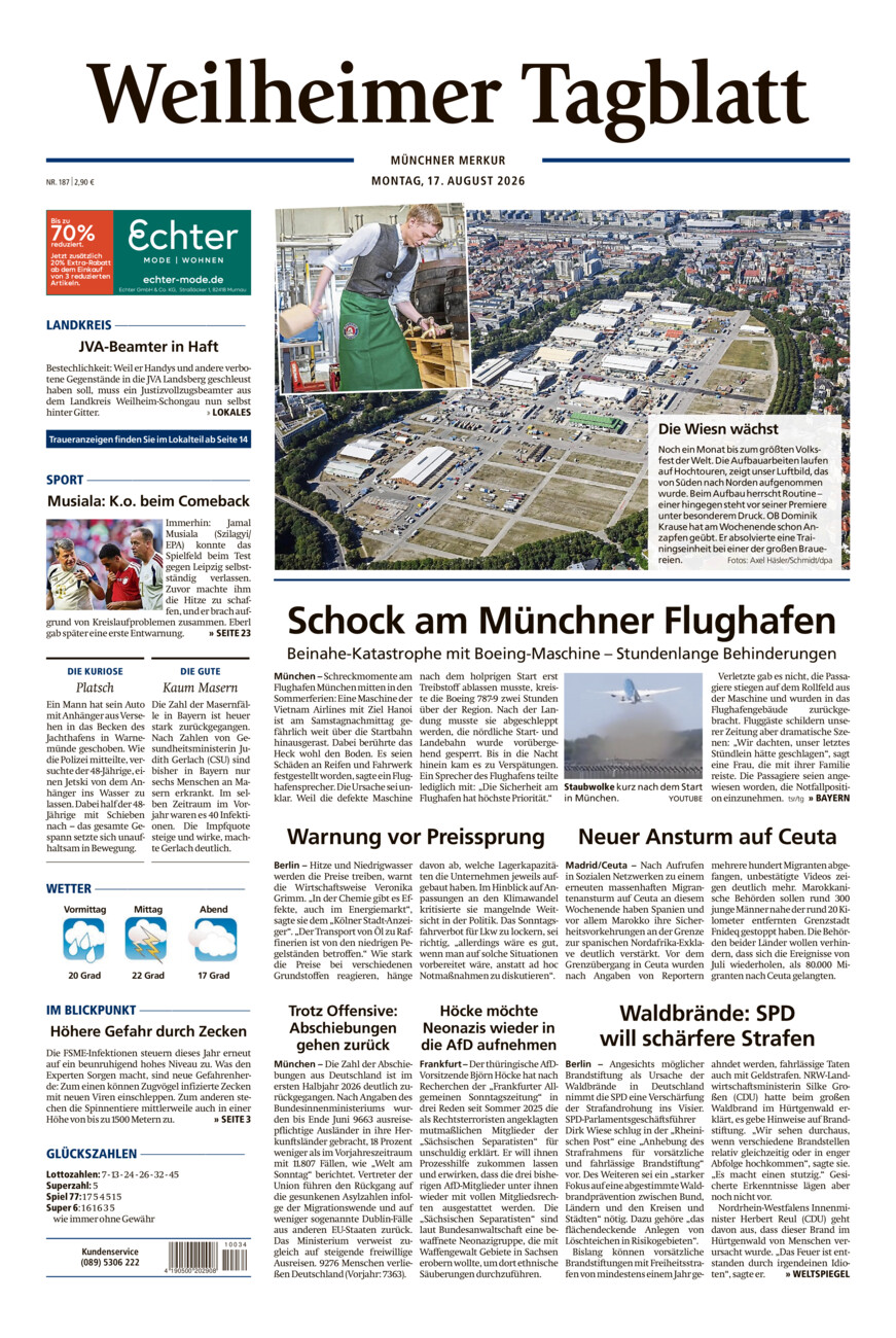 Weilheimer Tagblatt vom Montag, 17.08.2026