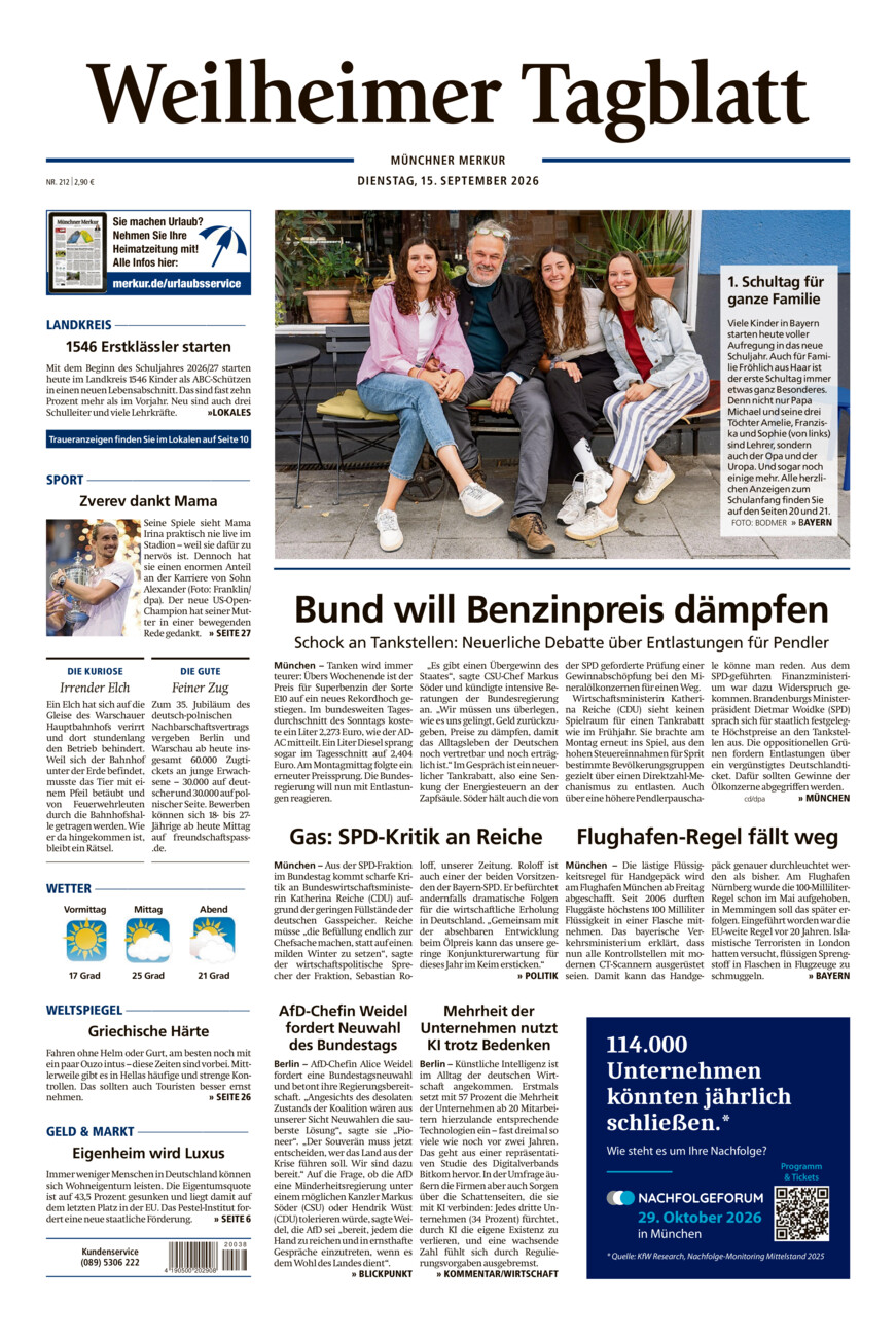 Weilheimer Tagblatt vom Dienstag, 15.09.2026