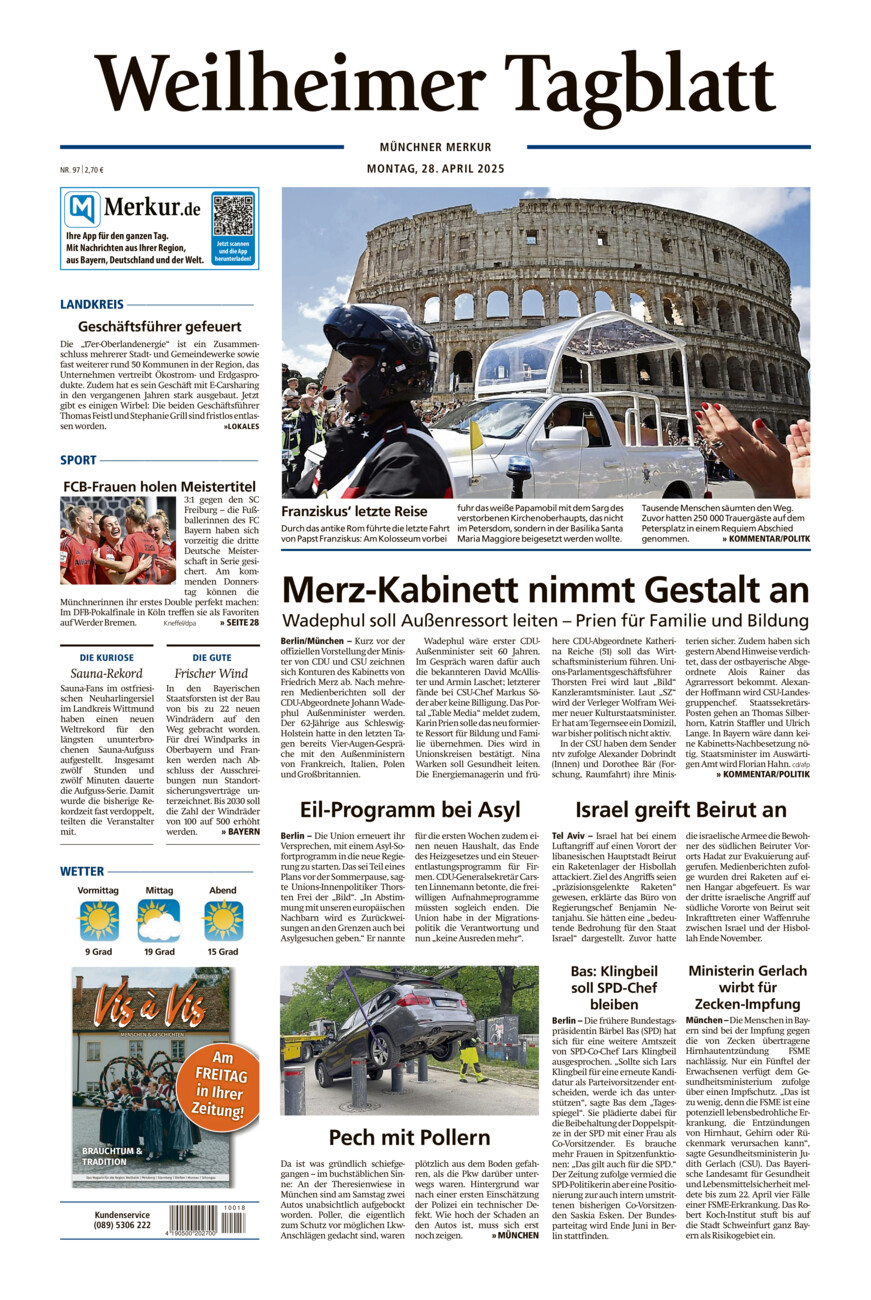 Weilheimer Tagblatt vom Montag, 28.04.2025