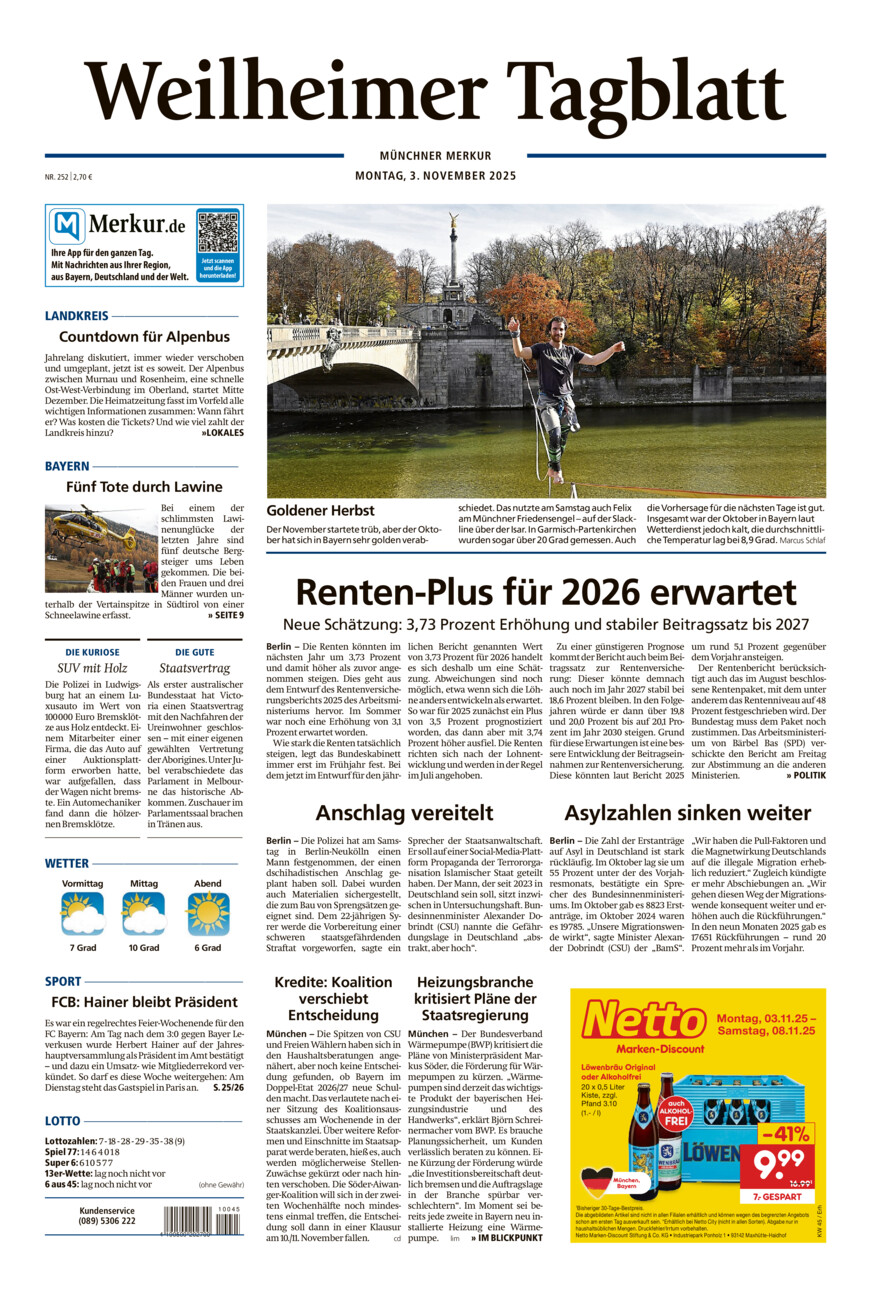 Weilheimer Tagblatt vom Montag, 03.11.2025