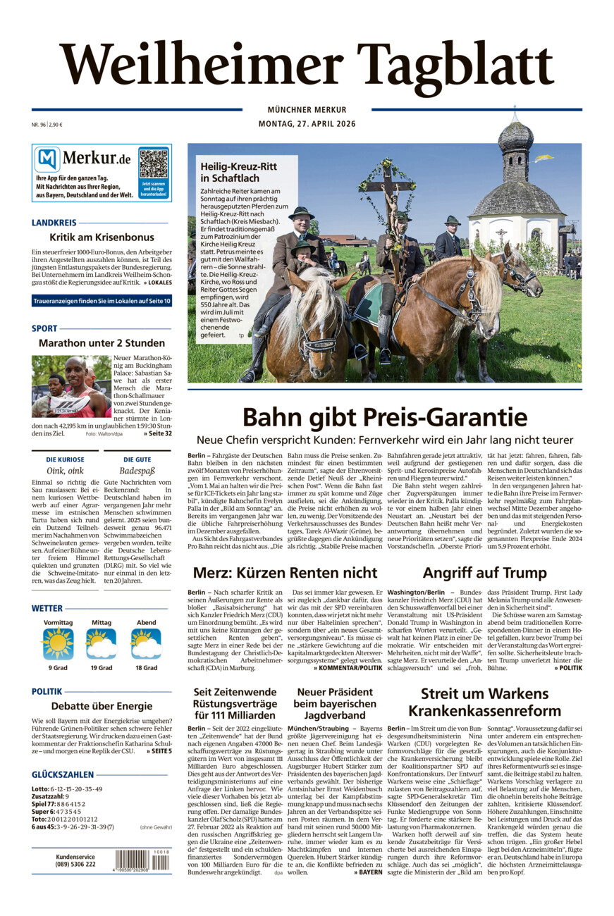 Weilheimer Tagblatt vom Montag, 27.04.2026