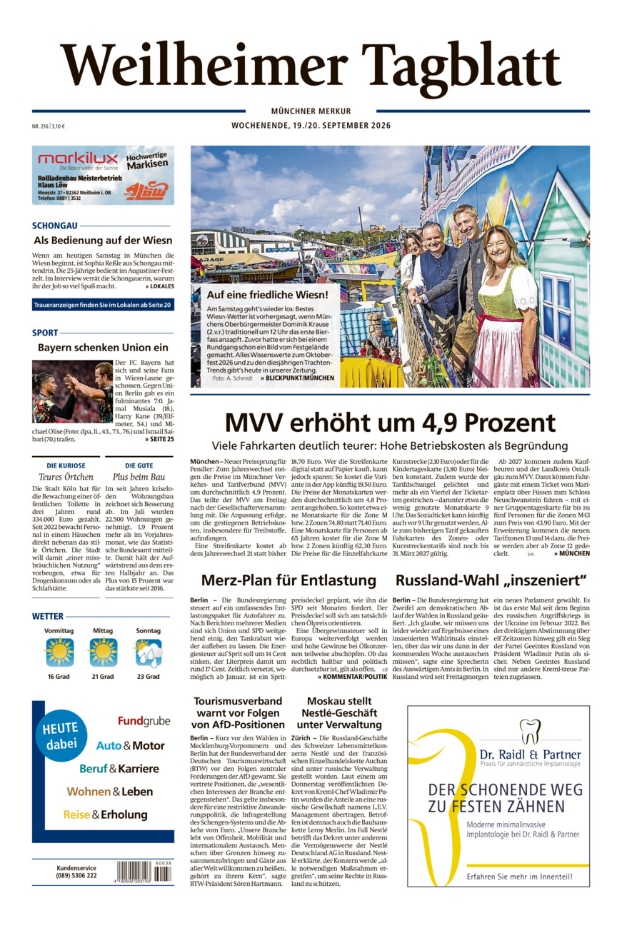 Weilheimer Tagblatt vom Samstag, 19.09.2026