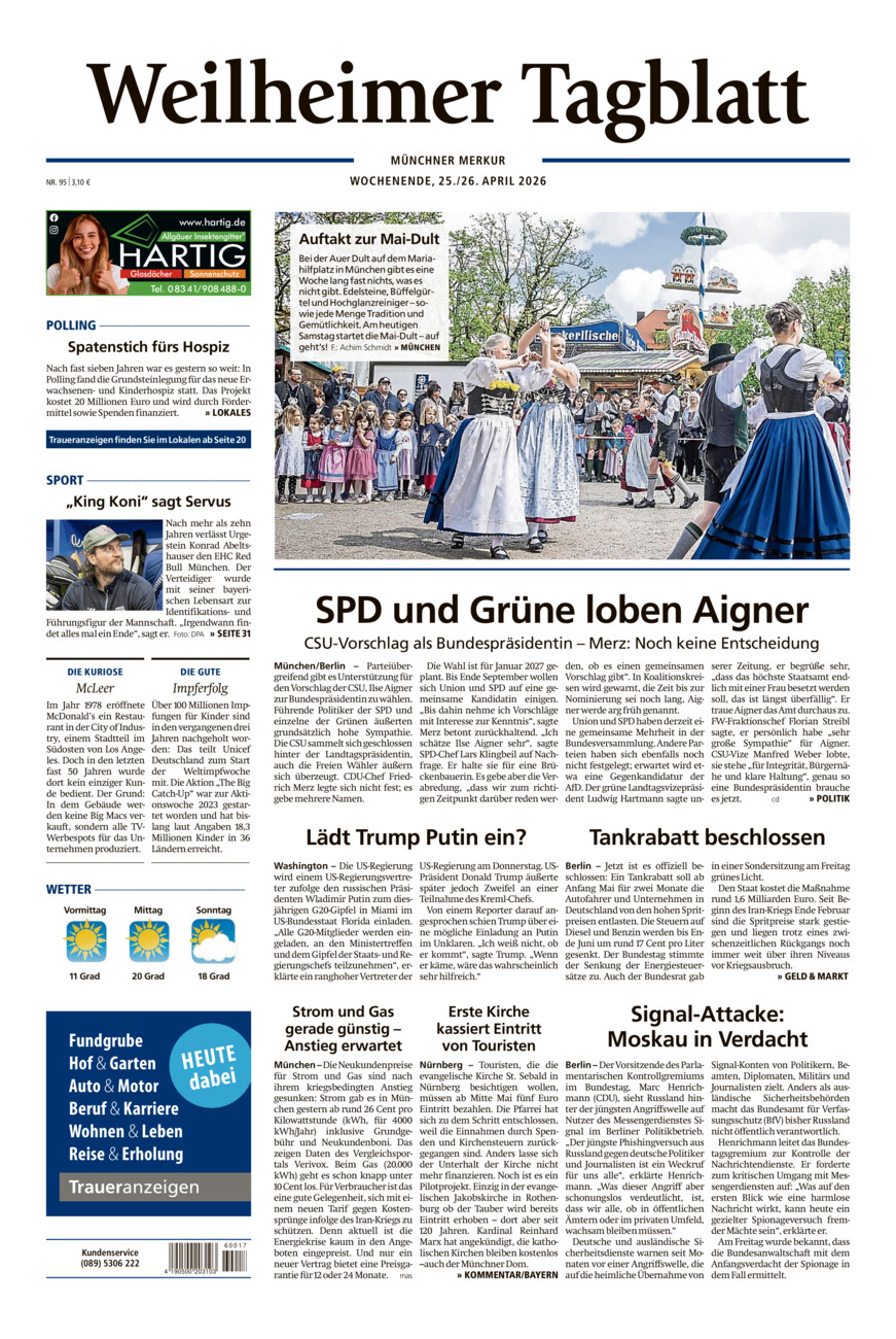 Weilheimer Tagblatt vom Samstag, 25.04.2026