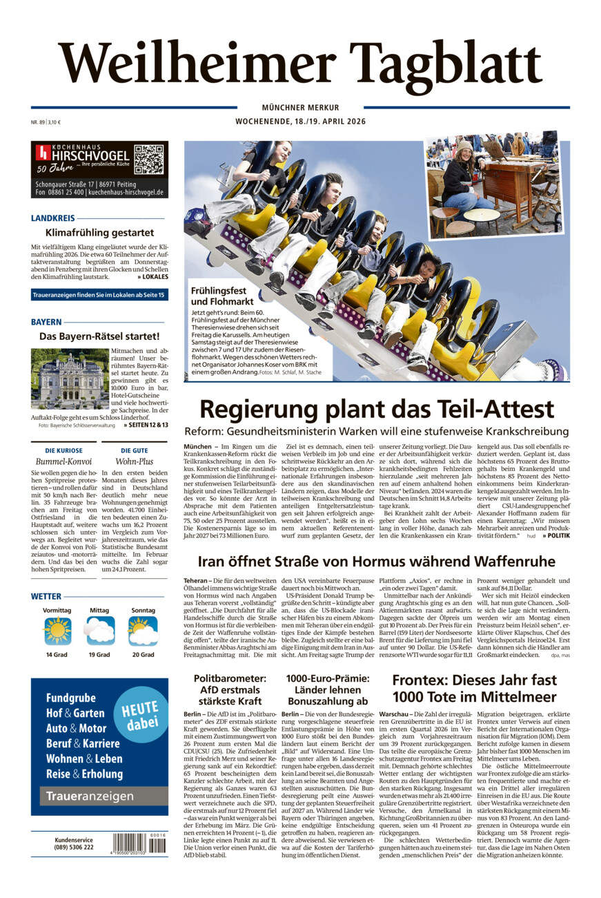Weilheimer Tagblatt vom Samstag, 18.04.2026
