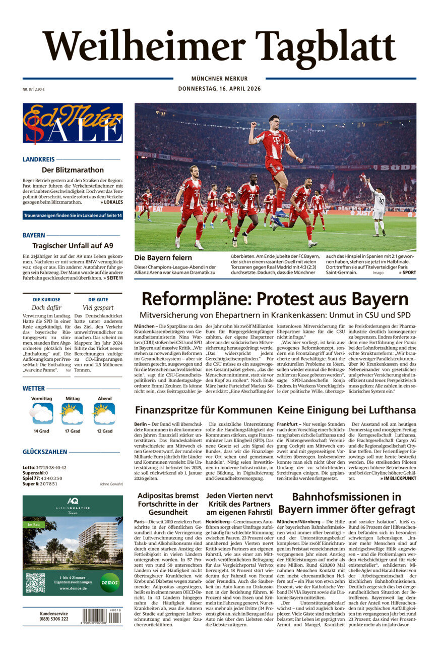 Weilheimer Tagblatt vom Donnerstag, 16.04.2026