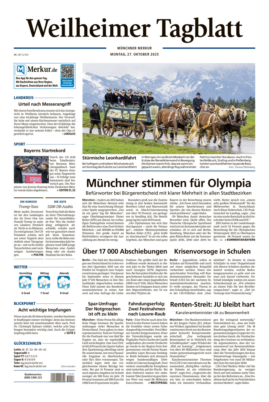 Weilheimer Tagblatt vom Montag, 27.10.2025