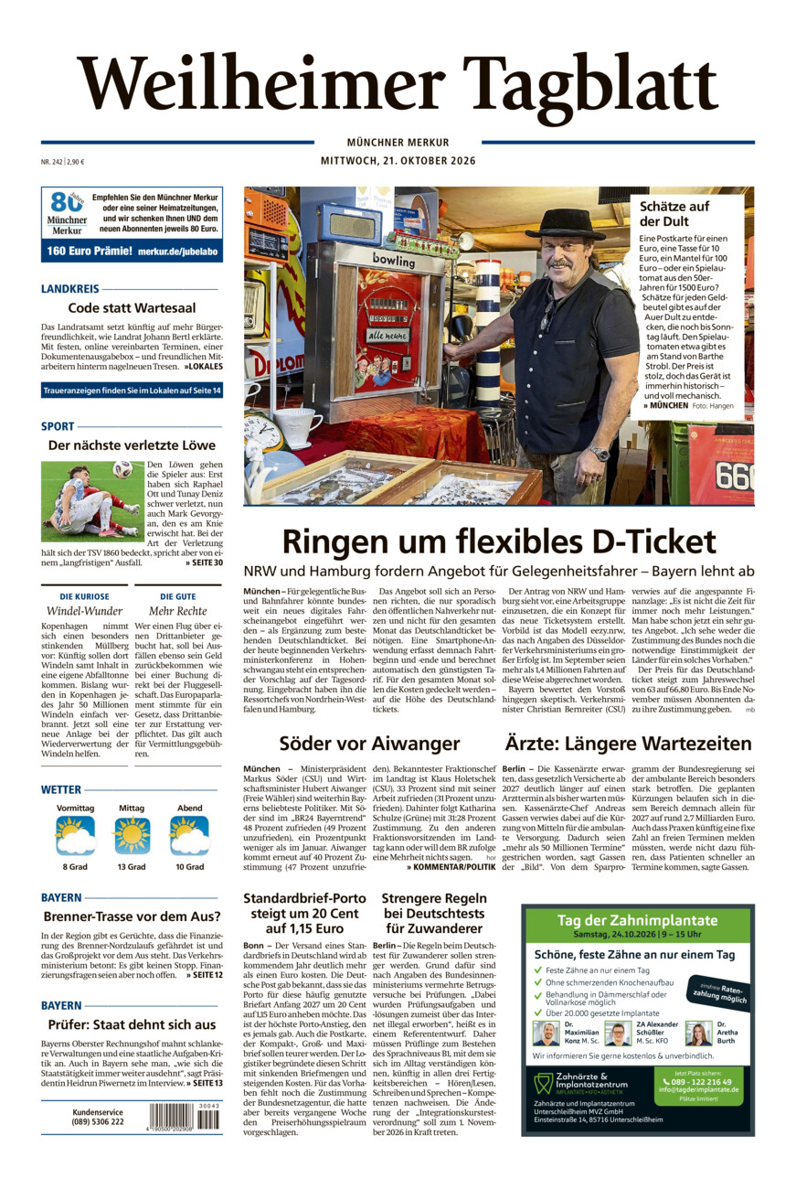 Weilheimer Tagblatt vom Mittwoch, 21.10.2026