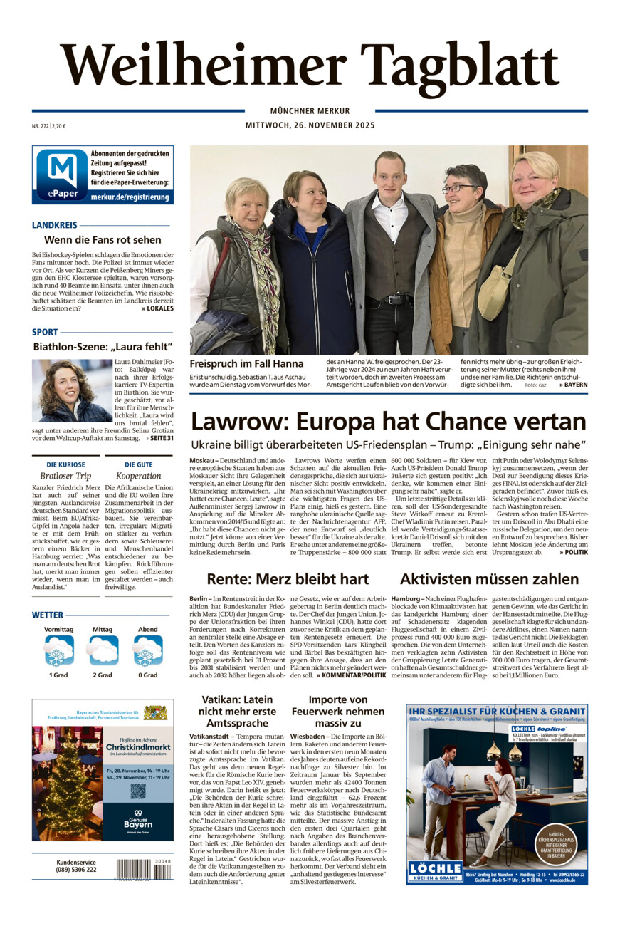 Weilheimer Tagblatt vom Mittwoch, 26.11.2025