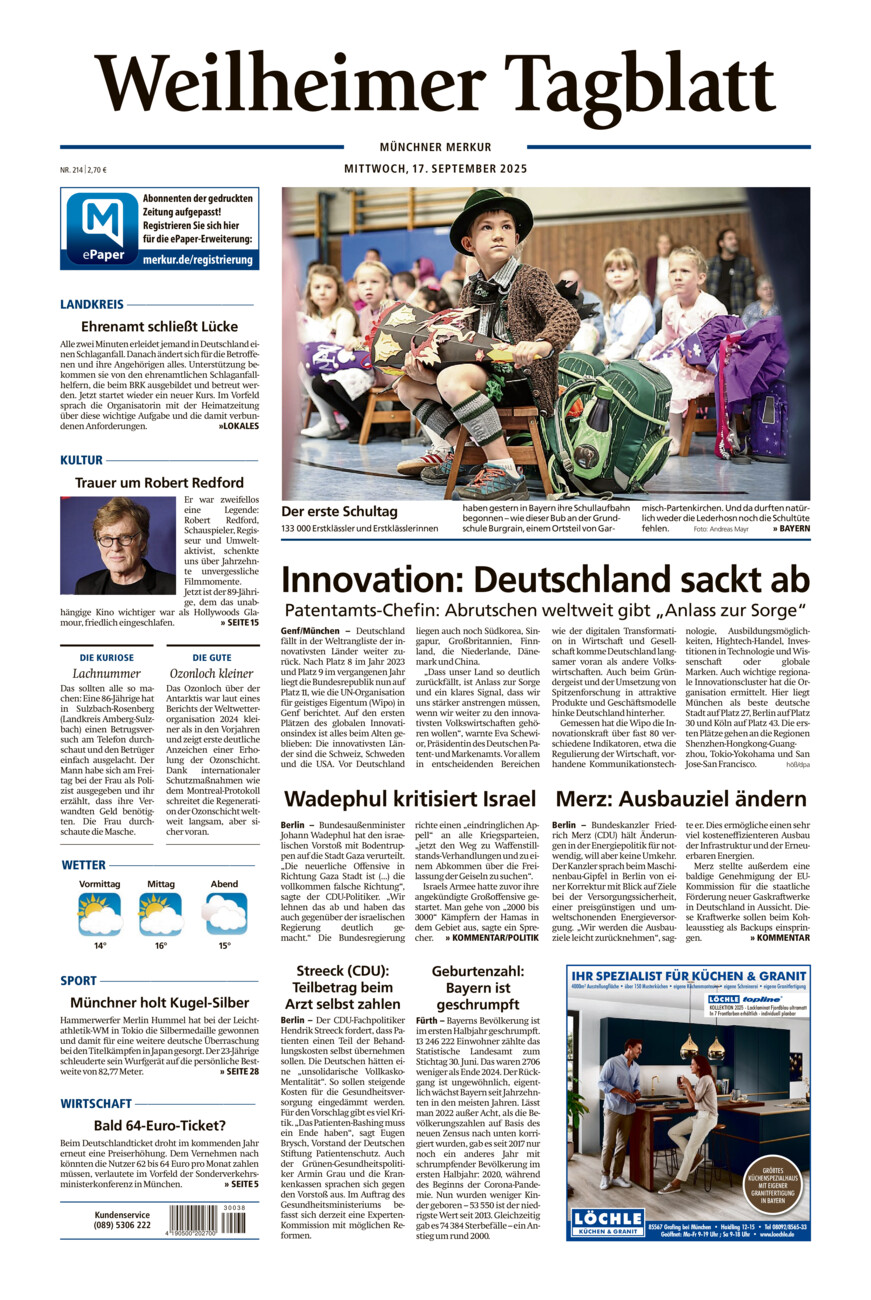 Weilheimer Tagblatt vom Mittwoch, 17.09.2025