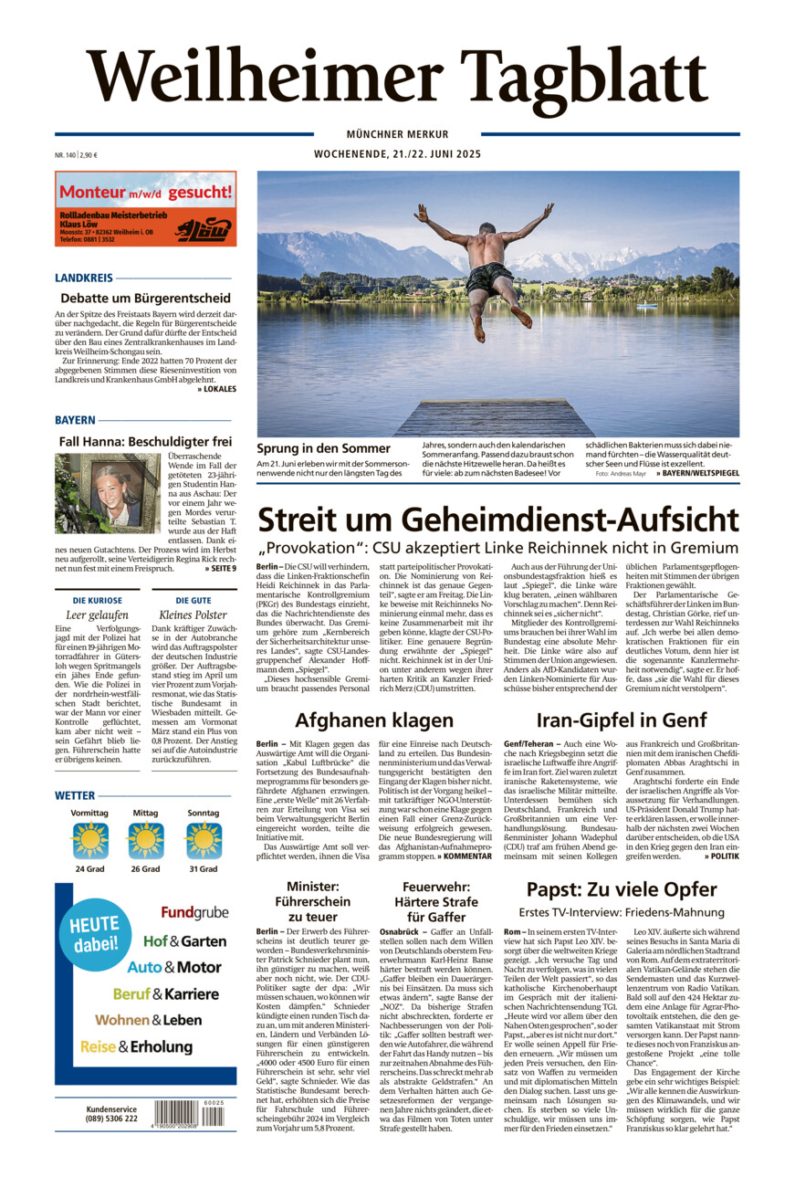 Weilheimer Tagblatt vom Samstag, 21.06.2025