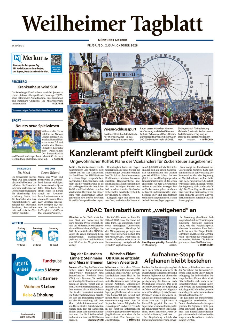 Weilheimer Tagblatt vom Freitag, 02.10.2026
